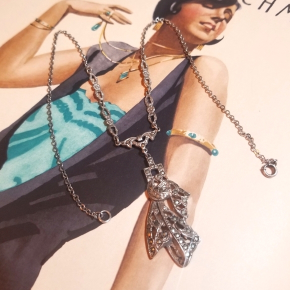 1920s Art Deco Antique Solid Silver Marcasite Necklace - Picture 3 of 7